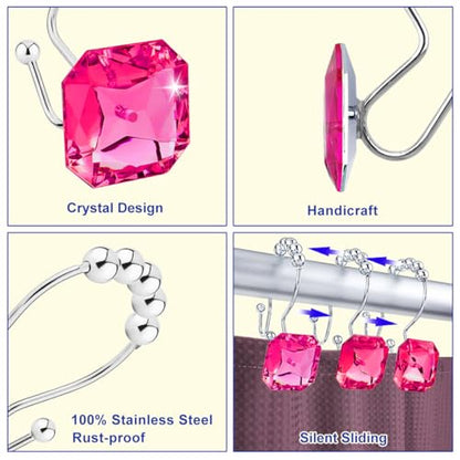 Shower Curtain Hooks Rings for Bathroom, 12PCS Double Hooks Glide Anti Rust Crystal Rhinestones Shower Curtain Rings Hangers for Shower Curtains, Clothing, Towels, etc. (Hot Pink) - color: Hot Pink