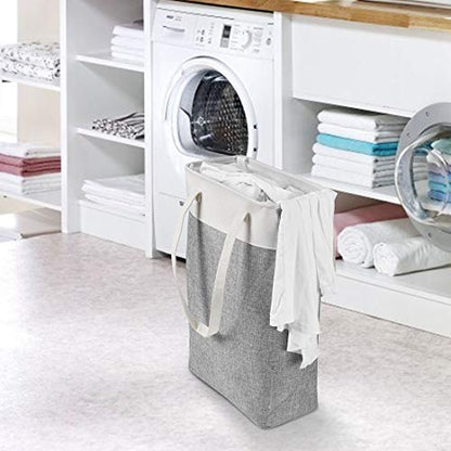 Laundry Basket with Handles Beige&Grey-Slim Laundry Bin Collapsible Dirty Clothes Basket Narrow Laundry Bag Foldable Dirty Hamper for Camping, Dorms, Apartments - color: Beige-Grey