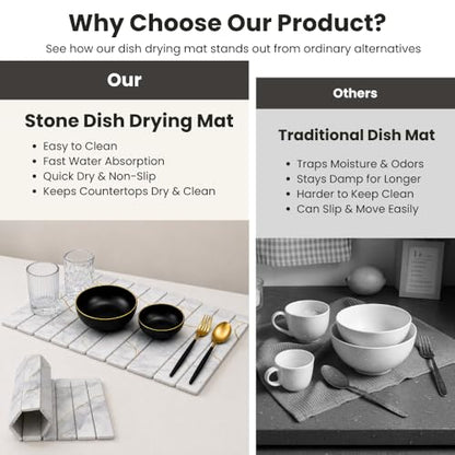Large Stone Dish Drying Mat for Kitchen Counter, Foldable & Super Absorbent Diatomaceous Earth Drying Pad for Dishes, Cups, Bottles with Anti-Slip Mesh & Quick Dry (White Marble 24"L x 16"W) - color: White Marble