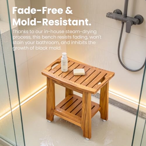 NNN 21" Standard Teak Shower Bench with Japan-Made Non-Slip Leveling Feet | US Patented Design, Marine-Grade Hardware, Pre-Oiled European Teak Oil, Ready, 300lb, for Showers Spa Sauna & Outdoor Pools - size: 21"W x 13" Dx 18"H