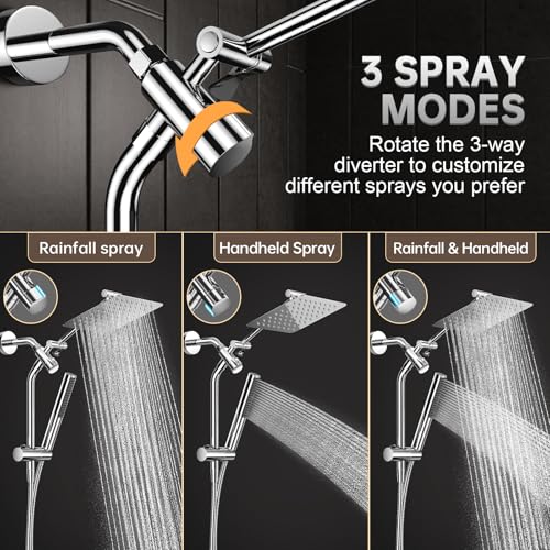 Veken All Metal 8" Luxurious Rain Shower Head with Handheld,High Pressure | Dual Shower Heads Spray,Power Wash Wand,Detachable Showerhead Combo,Small Square Adjustable Rainfall ,Spa-like,Chrome,Silver - color: Chrome, size: 8 Inch