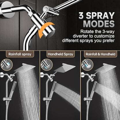 Veken All Metal 8" Luxurious Rain Shower Head with Handheld,High Pressure | Dual Shower Heads Spray,Power Wash Wand,Detachable Showerhead Combo,Small Square Adjustable Rainfall ,Spa-like,Chrome,Silver - color: Chrome, size: 8 Inch
