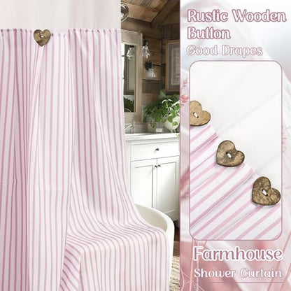 ASPMIZ Farmhouse Striped Shower Curtain and Liner Set No Hook, Pink 71x86 | No Hook Shower Curtain with Snap in Liner Fabric, Rustic Washable Waterproof Bathroom Curtains with Button, Mesh Top Window - color: Pink Striped, size: 71"W x 86"L (Pack of 1), s