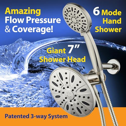 AquaDance 7" Premium High Pressure 3-way Rain & Handheld Shower Head Combo | Enjoy Luxury 7-inch Showerhead & 6-mode Hand Shower Separately or Together! Premium Stainless Steel Hose - Nickel - color: Satin Nickel, size: 2.5 Gallons Per Minute