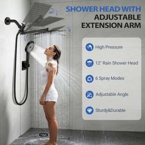 Shower Head,12”Rain Shower Head with Handheld Spray Combo with 11'' Angle Adjustable Extension Arm/Flow Regulator/Shower System,High Pressure Rainfall Shower Head Clean Bathroom,Matt Black - color: Black, size: 12 Inch