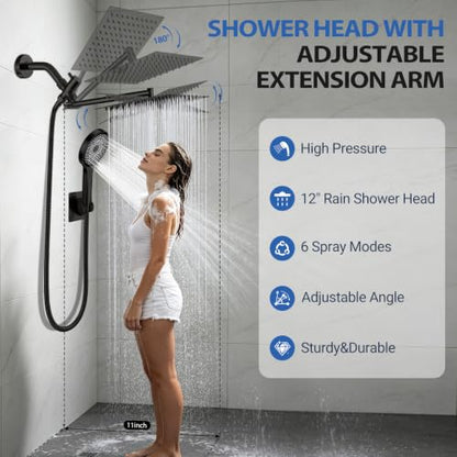 Shower Head,12”Rain Shower Head with Handheld Spray Combo with 11'' Angle Adjustable Extension Arm/Flow Regulator/Shower System,High Pressure Rainfall Shower Head Clean Bathroom,Matt Black - color: Black, size: 12 Inch