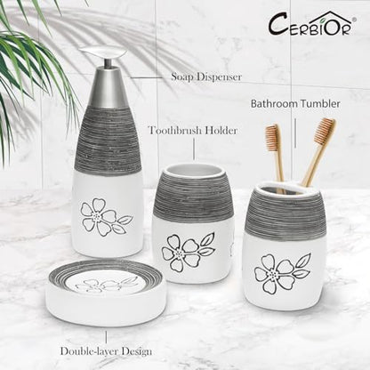 CERBIOR Bathroom Accessories Set,4 PCS Ceramic Bath Accessory,White Flower | Includes Toothbrush Holder, Toothbrush Cup, Soap Dish for Decorative Countertop and Housewarming Gift - style: White-Flower