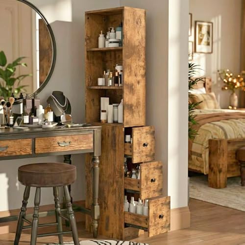 ARTETHYS Tall Slim Bathroom Storage Cabinet with Adjustable Shelves Rustic | Slim Free Standing Space Saver Organizer for Living Room Kitchen, 3 Drawers - color: Rustic