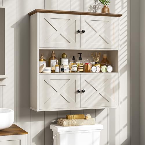 Vabches Bathroom Wall Cabinet, Farmhouse Medicine Cabinet with 4 Barn Doors, Large Wooden Vintage Storage Cabinet Wall Mounted for Bathroom, Kitchen, Rustic White - color: Rustic White and Brown, style: Barn Doors