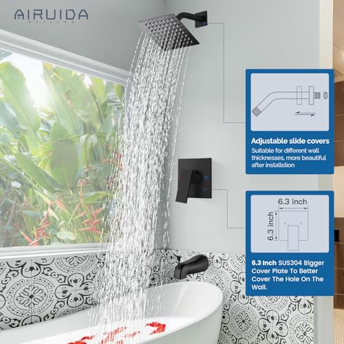 Airuida 6 Inch Shower Faucet Set,Bathtub Faucet Kit,Matte Black | Shower Tub Faucet Set,Male Threads Rough-In Valve,Square Head Shower System - color: Black, size: 6 Inch