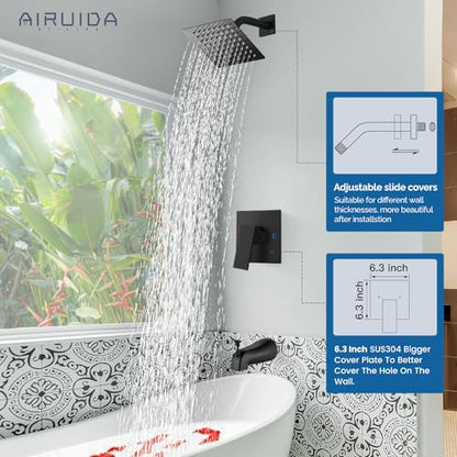 Airuida 6 Inch Shower Faucet Set,Bathtub Faucet Kit,Matte Black | Shower Tub Faucet Set,Male Threads Rough-In Valve,Square Head Shower System - color: Black, size: 6 Inch