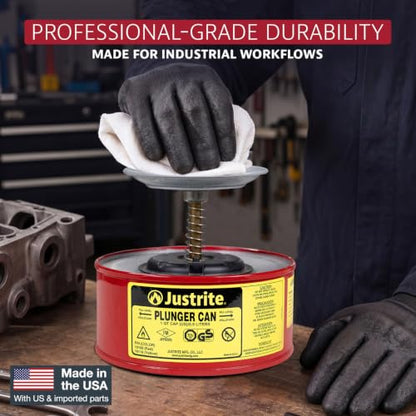 Justrite Plunger Can for Solvents, 1 Quart Capacity, Made in the USA, Red | 5.6" x 7.25", Solvent Dispenser Can, Galvanized Steel, Flame Arrester Screen, FM Approved