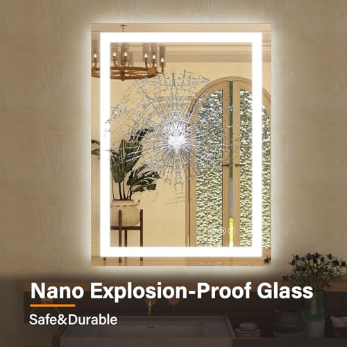 GLSLAND LED Bathroom Mirror - 26"x40" Anti-Fog Lighted Wall Mirrors with Memory Function, Dimmable, Frontlit & Backlit, Horizontally/Vertically, Tempered Glass - size: 40"L x 26"W