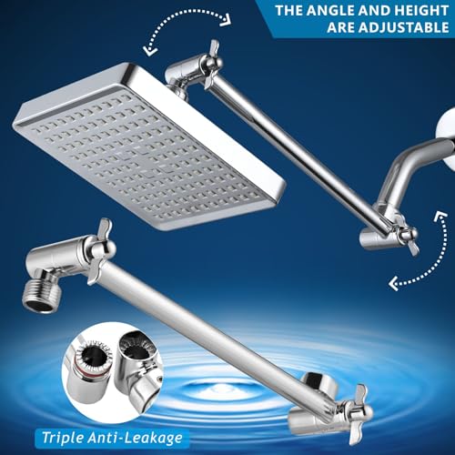 High Pressure Rain Shower Head with 11'' Extension Arm - High Flow Rainfall Showerhead - Luxury Modern Look - Pressure Boosting(Square, Chrome) - color: Chrome, style: 6" Square