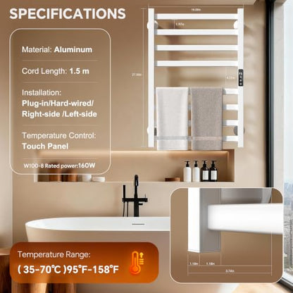Electric Towel Warmer Wall Mounted, Heated Towel Rack with Intelligent Timer & Temperature Control, Plug-in or Hardwired, Left/Right Compatible, 27 Inch, White - color: White, size: 27 Inch