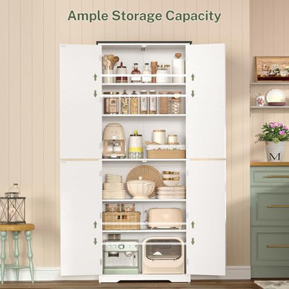Tall Pantry Cabinet, Kitchen Cabinet with 4 Shelves, Adjustable Shelves, Pantry Cabinets with 4 Barn Doors, Tall Kitchen Cabinets for Dining Room, Living Room, White - color: White 4 Doors