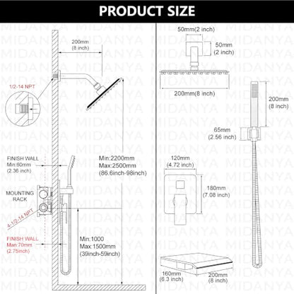 Midanya Shower System with Tub Spout,Bathtub Shower Faucet Set with Square Rainfall Head and Handheld Sprayer Wall Mount Tub Faucet Set with Valve and Trim Kit,8 Inch Matte Black - color: Matte Black, size: 8 Inch