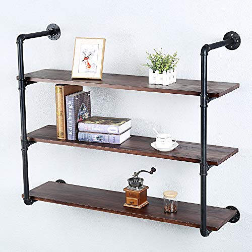 Industrial Pipe Shelves With Wood Planks,Rustic Pipe Shelving Wall Shelf | Metal Pipe Solid Pine Wood,Easy to Assemble,Wooden Board Thickness 0.78 In,For Bar Farmhouse Kitchen Office Bathroom,Bedroom - color: 3-layer, size: 42in