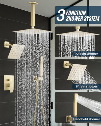 Rain Shower Faucet Set, 10" Top + 6" Side Head, Brushed Gold | 3-head set w/ valve, SUS304 anti-freeze, 6 spray modes, self-clean nozzles - color: Brush Gold, style: 10''-Ceiling Mount+6" Shower Head
