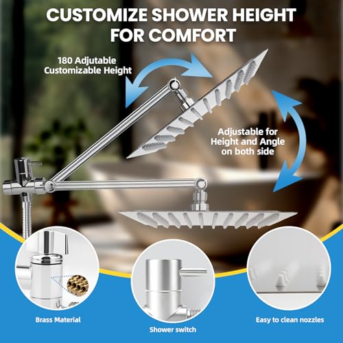 Rainfall Shower Head with Handheld Combo, Silvery, 10 Inch & 3 Spray Modes | 180° Adjustable, Extension Arm, Easy To Install - color: silvery-1