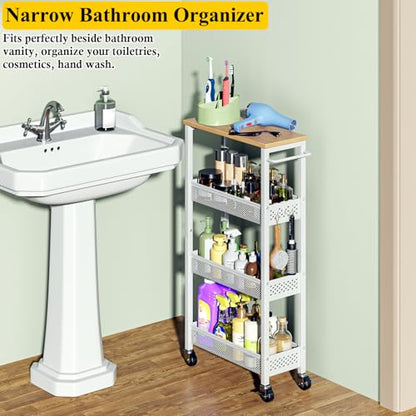 OKZEST Slim Laundry Room Organization Cart with Upgraded Metal Hub Casters | Fits between washer & dryer, 4-Tier space-saving narrow rolling cart, Premium wood top & metal mesh shelf, with handle & hook - color: White, size: 7.1 Inch Wide