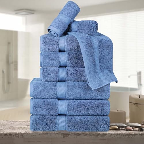 Superior Egyptian Cotton 800 GSM Plush & Absorbent, 9 Piece Set, Denim Blue | Quick Dry, Soft Luxury Towel Set, Bath Essentials, Guest Bath, Spa, 3 Bath, 3 Hand, 3 Face Towel, Madeline Towels - color: Denim Blue, size: 9 Piece Towel Set