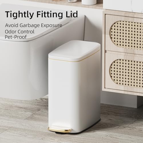 KUK Slim Bathroom Trash Can with Lid, 1.6 Gal / 6L Stainless Steel Small Garbage Bin with Detachable Inner Bucket, Step Pedal, Silent Close, Wastebasket for Toilet, Bedroom, Home, Office (White) - color: Matt White