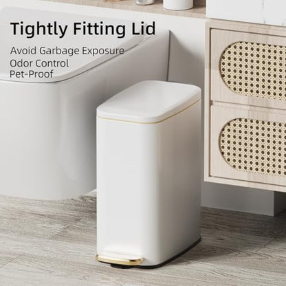 KUK Slim Bathroom Trash Can with Lid, 1.6 Gal / 6L Stainless Steel Small Garbage Bin with Detachable Inner Bucket, Step Pedal, Silent Close, Wastebasket for Toilet, Bedroom, Home, Office (White) - color: Matt White