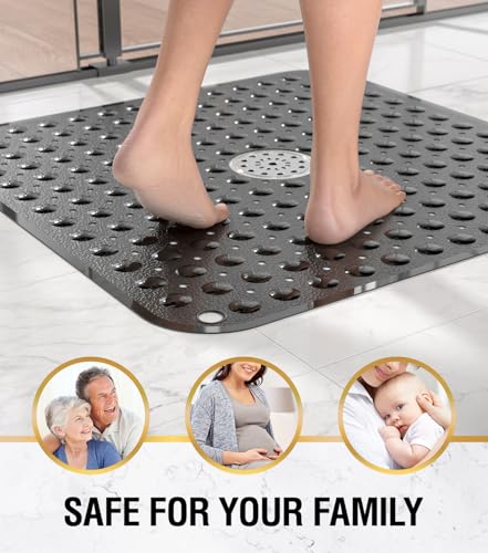 HITSLAM Square Shower Mat, Non Slip PVC Stall Mat, 24"x24", Black | Power Grip Suction Cups, Center Drain Hole, Built-In Hanging Holes, Machine Washable Bathroom Floor Mat, Soft On Feet - color: Smoked Black