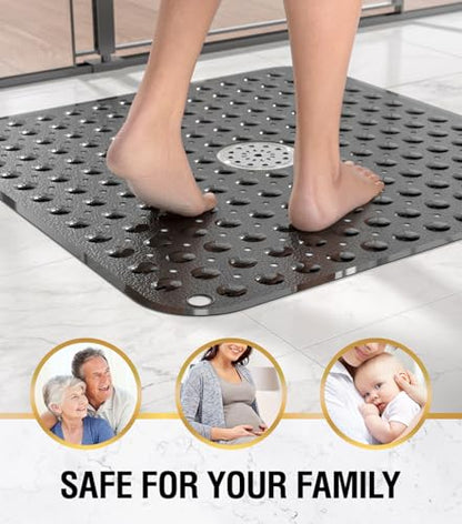 HITSLAM Square Shower Mat, Non Slip PVC Stall Mat, 24"x24", Black | Power Grip Suction Cups, Center Drain Hole, Built-In Hanging Holes, Machine Washable Bathroom Floor Mat, Soft On Feet - color: Smoked Black