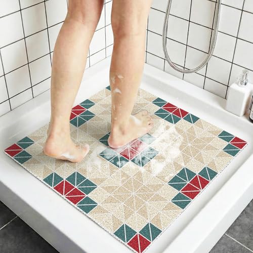 Non Slip Loofah Shower Mat, 24 x 24 Inch Square Bath Mat for Inside Shower, Soft PVC Loofah Foot Scrubber Bath Mat for Walk-in Shower and Bathroom, Quick Drying & Machine Washable, Red Geometry - color: Red Geometry, size: 24" x 24" (Square)