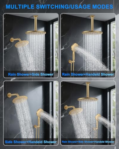 Shower System with Pressure Balance Valve, 10" Ceiling Mount Shower Faucet Set with 2 Rain Shower Head And Multi-function Handheld Head Push Button Diverter Pressure Balancing Valve Kit, Brushed Gold - color: Brushed Gold, style: 10"-Round