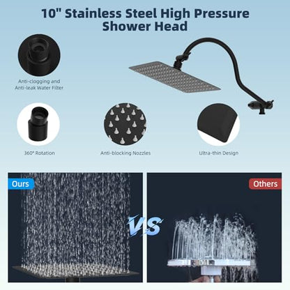 Hibbent All Metal High Pressure Rainfall 10'' Shower Head, CUPC Certified Handheld Showerhead Combo, 12'' Adjustable Shower Extension Arm, 10-Spray, 71'' Hose, Adhesive Showerhead Holder, Matte Black - color: Matte Black, style: Square 10''