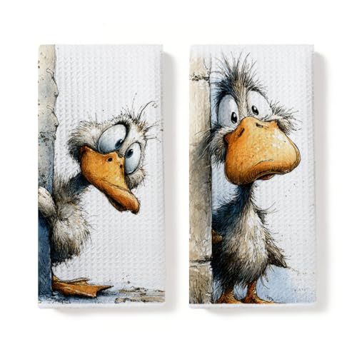 2 Pcs Funny Duck Kitchen Towels, Duck Gifts Reusable Hand Towel | Duck Decorative Waffle Dish Towels for Kitchen Home Bathroom Decor, Animal Duck Gifts for Women Girls Mom 14x24 Inch - color: Multi 0790