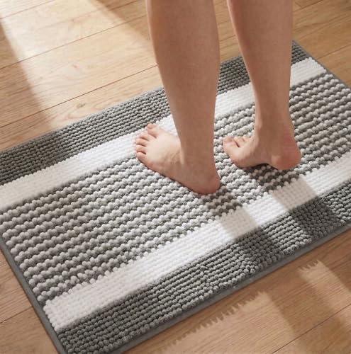 Bath Mats for Bathroom Non Slip Washable, Absorbent Quick Dry Bathroom Mat with Durable Hot Melt Adhesive Backing, Chenille Floor Mat for Tub, Shower, Sink, Medium (30" x 18"), Gray&White Block Stripe - color: Gray & White Block Stripe, size: 1'6" x 2'6"