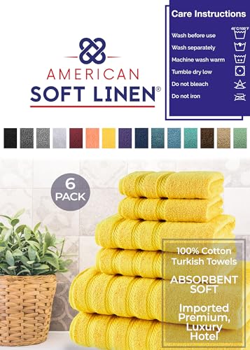 American Soft Linen 100% Carde Cotton 6 Piece Towel Set, 590 GSM Heavy Weight Soft Absorbent Turkish Towels for Bathroom, Sun Yellow - color: Yellow