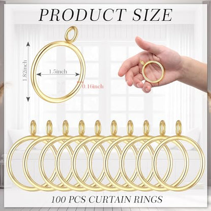 Maitys 100 Pcs Metal Curtain Rings with Eyelet 1.5-inch Inner Diameter Eyelet Curtain Rings for Drapery Clips Hooks for Sliding Window Bathroom Door Shower Rod (Gold) - color: Gold