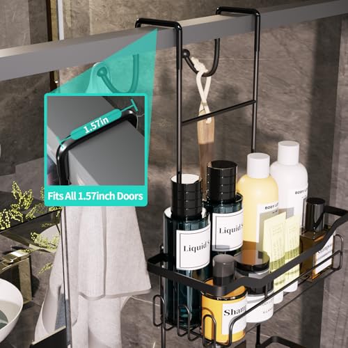 HapiRm Hanging Shower Caddy Over the Door with Soap Holder, No Drilling Adhesive Shower Organizer with 11 Hooks, Rustproof & Waterproof 304 Stainless Steel Bathroom Shelves - Black - color: A-Black