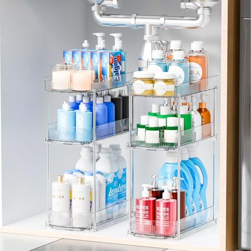 2 Pack 3 Tier Large Pull Out Bathroom Organizers and Storage,13.8″ Deep Sliding Kitchen Under Sink Organizer for Cleaning Products Storage,Acrylic Clear Bathroom inder Sink Organizer,Undersink Storage - style: 2 Pack-3 Tier