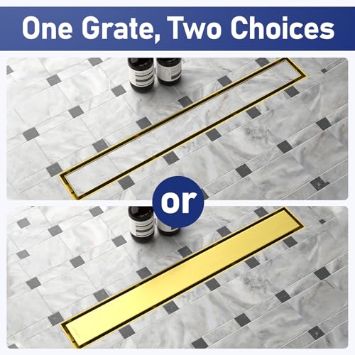 Linear Shower Drain, 304 Stainless Steel Floor Drain 18" | with Tiled Insert Grate & Hair Strainer, Bathroom 2-in-1 Tiled in Drain, CUPC Certified - color: Brushed Gold, size: 18''