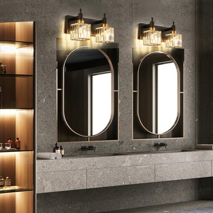 Modern Crystal Bathroom Vanity Light 2-Lights Black and Gold Bathroom Light Fixtures Over Mirror Bath Wall Sconce Lighting with Adjustment Angle - color: Black Gold-Square Shade, size: 2-Light
