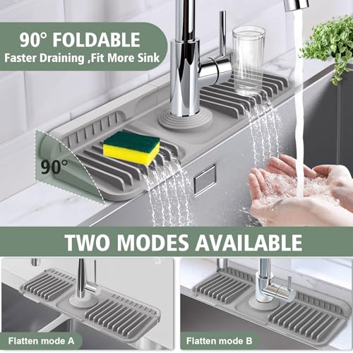 14.6-Inch Kitchen Sink Splash Guard Mat | 7° Slope for Fast Self-Draining | Snap-Lock Design | Universal & Cuttable Silicone Faucet Mat GRAY - color: Gray, size: 14.6" x 5.5"