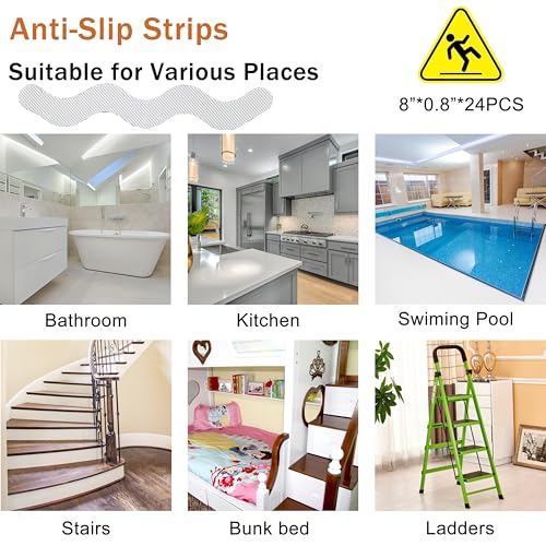24 PCS Anti Slip Shower Stickers,Safety Anti Slip Shower Adhesive Strips Treads for Bathroom Floor Tub Stairs Ladders Pools Boats, Bathtub Appliques for Adults & Kids with Scraper
