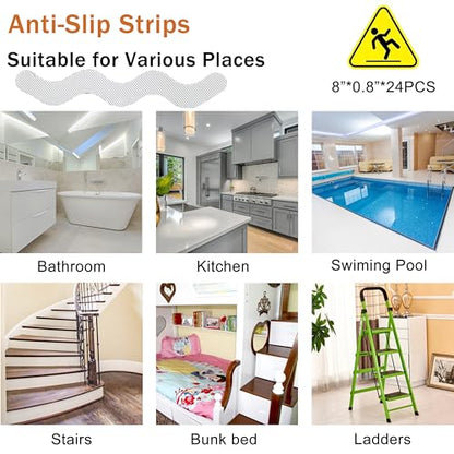 24 PCS Anti Slip Shower Stickers,Safety Anti Slip Shower Adhesive Strips Treads for Bathroom Floor Tub Stairs Ladders Pools Boats, Bathtub Appliques for Adults & Kids with Scraper
