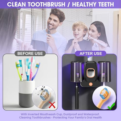 LXIANGN 3 in 1 Toothbrush Cleaner Holders,Rechargeable Wall Mounted Toothbrush Holder Toothpaste Dispenser Automatic 2 Cups Tooth Brush Holder for Bathroom, No Drilling, 4 Slots, Black - color: Black
