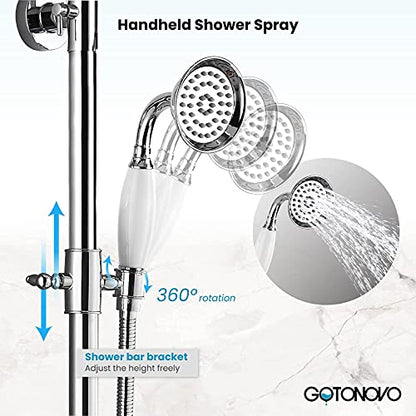 gotonovo Exposed Shower System with Spout,Polished Chrome,No Shower Shelf | Brass Shower Faucet Set,8’’ Rain Head with Handheld Spray,Swivel Tub Spout,2 Cross Handle,6’’ Hole Distance,Adjustable Height - color: Chrome
