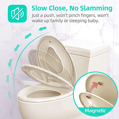 Elongated Toilet Seat with Built-in Potty Training Seat for Toddlers& Adults, Slow Close, Never Loosen, Heavy Duty, Ergonomic, Space Saving Toddler Toilet Seat, (Elongated 18.5", Oval, Bone/Almond) - size: Elongated 18.5"(Bone/Almond)