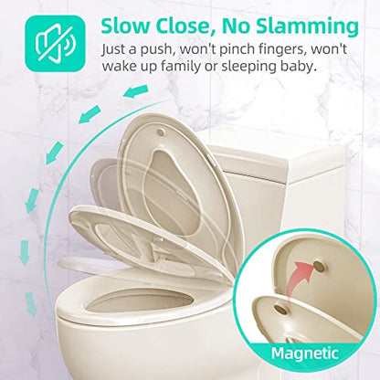 Elongated Toilet Seat with Built-in Potty Training Seat for Toddlers& Adults, Slow Close, Never Loosen, Heavy Duty, Ergonomic, Space Saving Toddler Toilet Seat, (Elongated 18.5", Oval, Bone/Almond) - size: Elongated 18.5"(Bone/Almond)