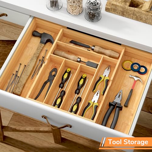 BAMEOS 3" Deepth Expandable Drawer Organizer, Deep Flatware Organizer, Adjustable Silverware Organizer, Bamboo Drawer Organizer for Kitchen, Bathroom (Natural) - size: 3''H 22X16
