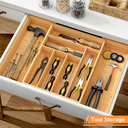 BAMEOS 3" Deepth Expandable Drawer Organizer, Deep Flatware Organizer, Adjustable Silverware Organizer, Bamboo Drawer Organizer for Kitchen, Bathroom (Natural) - size: 3''H 22X16